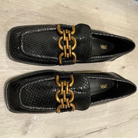 Zara Leather Black and Gold Animal Print Snakeskin Print Loafers - Picture 5 of 13